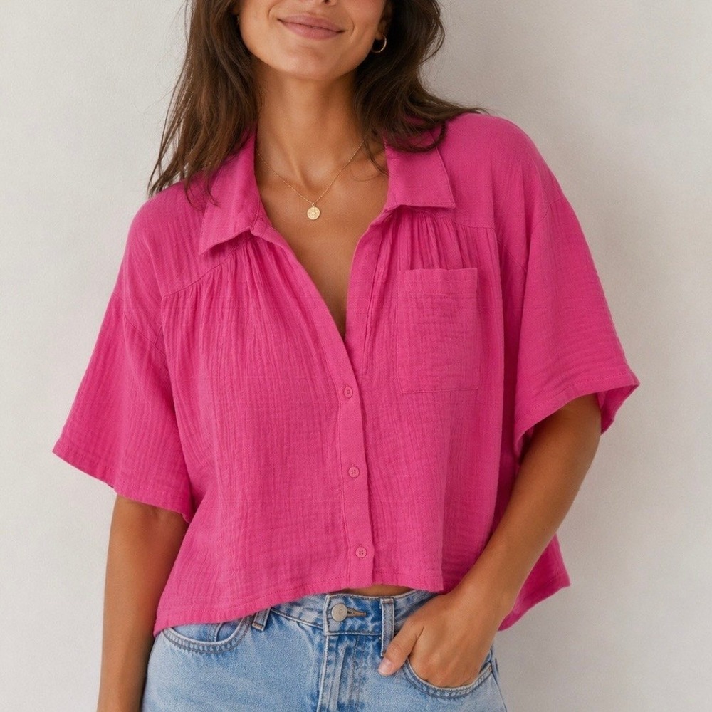 Day + Moon Fuchsia Pink Cotton Gauze Cropped Button Up Blouse Top Women's Size M
